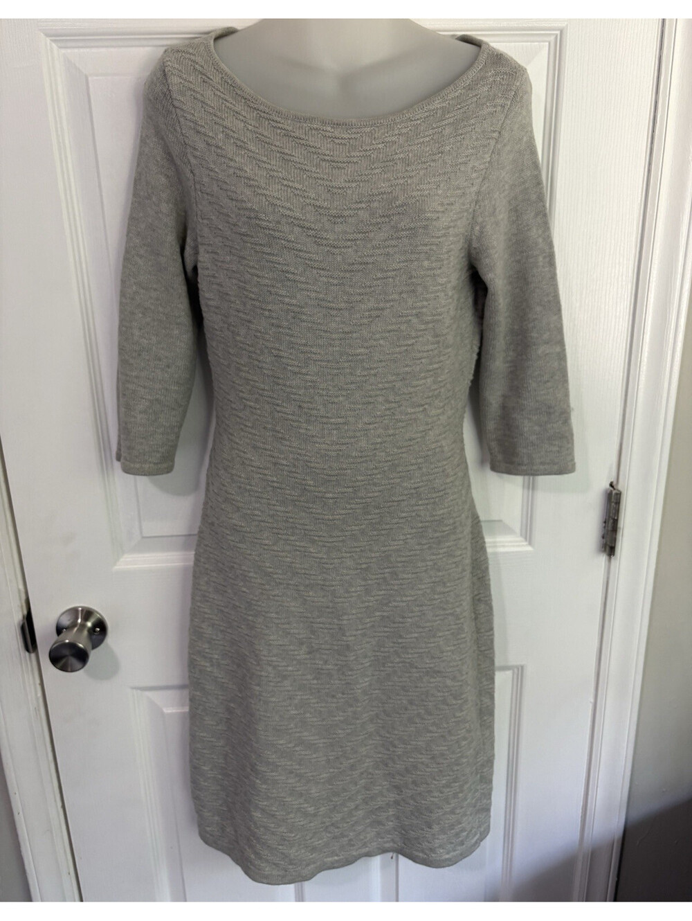 Lauren Ralph Lauren Gray Textured Knit Boat Neck 3/4 Sleeve Sheath Dress S